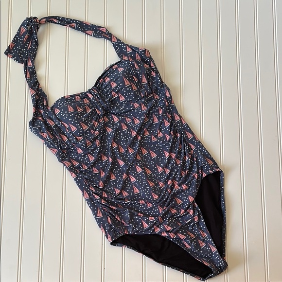 Garnet Hill | Women's Ruched Halter Sailboat Print One Piece Swimsuit Size 10 - Picture 2 of 8